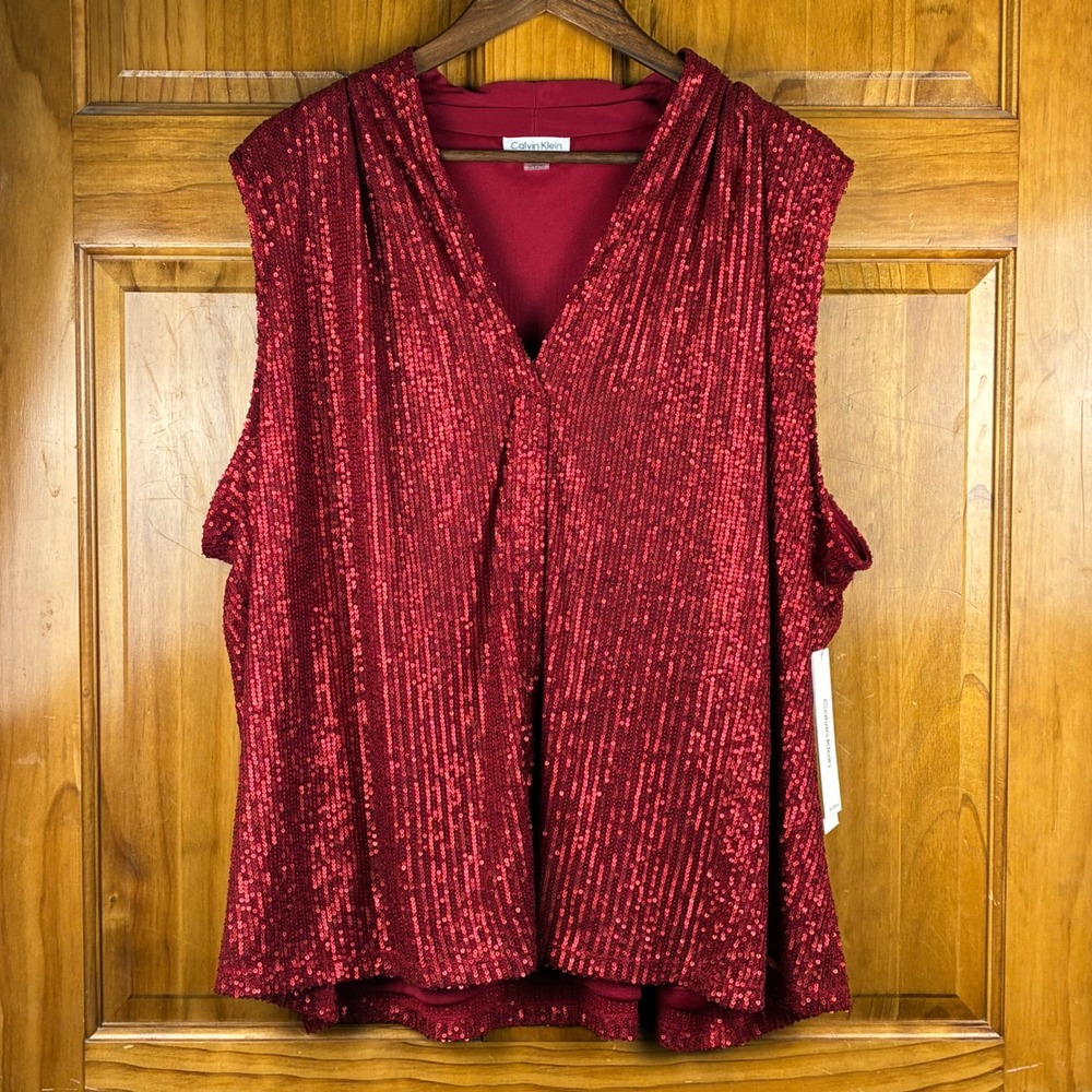 Calvin Klein Red Sequin Sleeveless V-Neck Shell Top Plus Size 3X Lined NWT